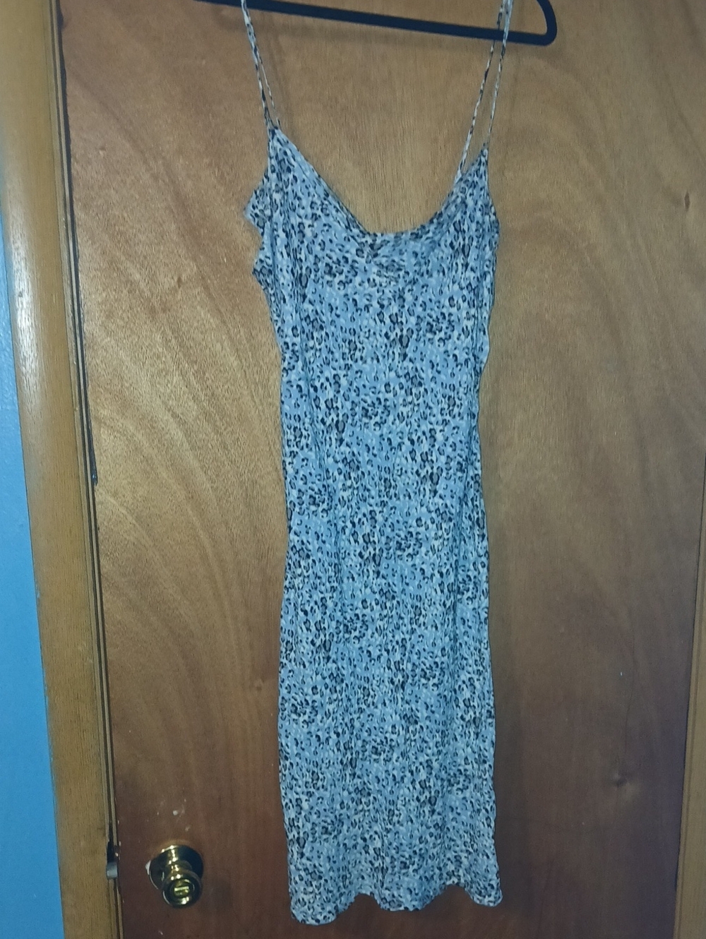 Womens Spaghetti Strap Light Blue Leopard Print Slip Dress - Sz: S